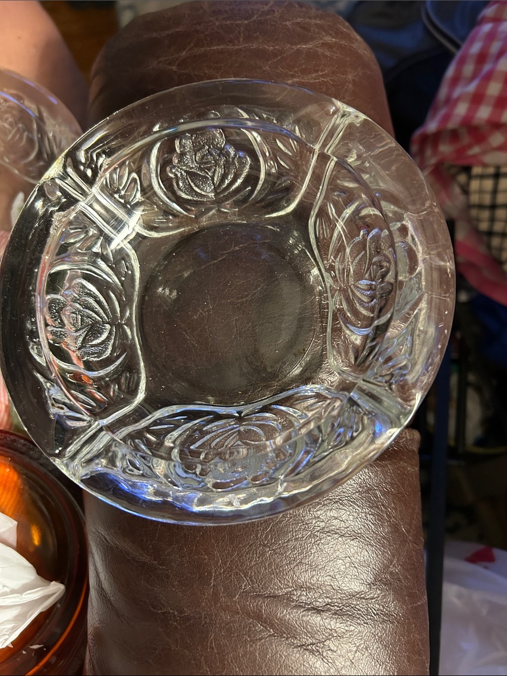 Vintage Clear Pressed Glass w/Roses Ashtray marked KIG Indonesia. EUC